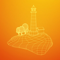 Lighthouse on rock stones island landscape. Navigation Beacon building. Wireframe low poly mesh vector illustration.