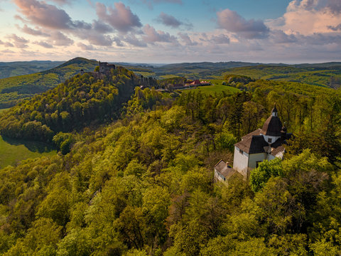 Aerial view of castle Buchlov and chapelle of st. Barbora in the Moravia landscape