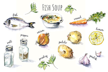 Fish Soup Ingredients. Watercolor set of food with inscriptions: fish, onion, pepper, salt, persley, poteto, carrot, garlic, lemon. Isolated.