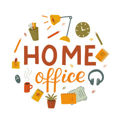 Home office around emblem. Remote work concept. Hand drawn illustration with texture. 