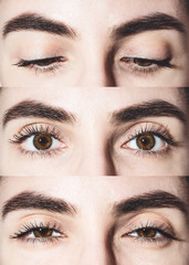 Fototapeta premium Collage of beautiful female eyes. Brown eyes close up. Collage of eyes close-up. Open eyes. Eyes look down. Squinted, cunning, suspicious eyes. Eyes and eyebrows. Mascara on the eyelashes.