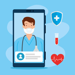 telemedicine technology with doctor in smartphone and medical icons vector illustration design