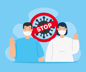 campaign of stop 2019 ncov with couple using face mask vector illustration design