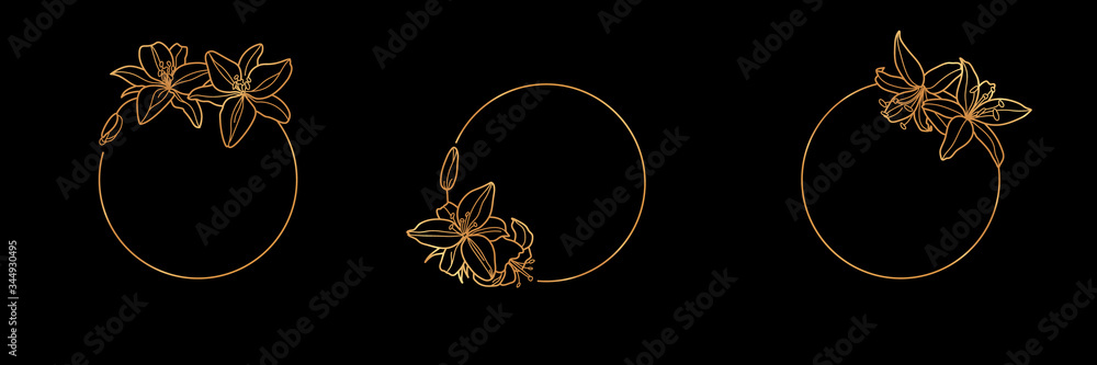 Wall mural Set of Gold frame template Lily Flower and monogram concept in minimal linear style. Vector floral logo