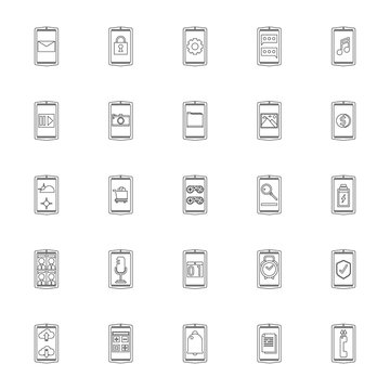25 smartphone application outline icon set. Concept modern mobile phone technology icon design.