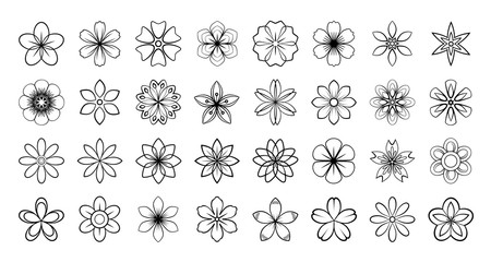 Simple abstract flowers icons set. Universal flowers black outline, line art, isolated on white background. Graphic floral set. Thin line flowers collection, cute flat design.