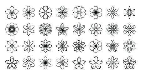 Set of floral elements. Vector flowers black outline collection, line art flowers for your design, isolated on white background, monochrome.Abstract Flower.Simple plant contour  thin line icons set.