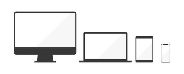 Device icons: smart phone, tablet, laptop and desktop computer. Vector illustration of responsive web design