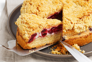 Closeup homemade cherry pie with crumbs on top. Shallow focus.