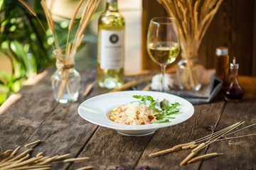 Italian pasta spaghetti carbonara with white wine