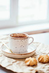 Beautiful light-colored mug, hand-made mug, drink mug, after-drink mug, mug and saucer, cocoa vanilla, breakfast