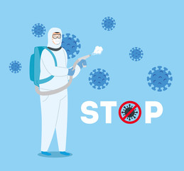 campaign of stop 2019 ncov and person using biohazard suit vector illustration design