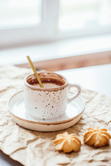 Beautiful light-colored mug, hand-made mug, drink mug, after-drink mug, mug and saucer, cocoa vanilla, breakfast