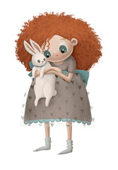Illustration of a little ginger girl with a rabbit