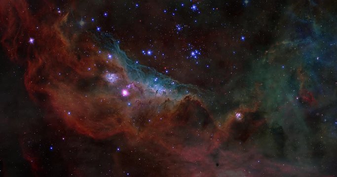 A slow Space Flight into a Nebula 4K. 3D Zoom In Composite of Hubble images. Galaxies, Stars, Star System, Cosmos. Based on real public-domain images taken by NASA, ESA, ESO or other space agencies.