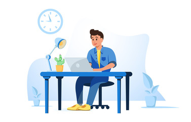 Office Worker Busy Business man or Freelancer Working on Laptop Sitting at Table Workplace Thinking of Task. Freelance