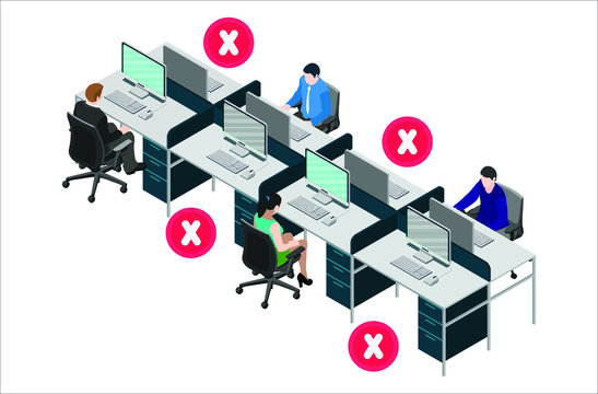 Social distancing at office workstation. Employees are working together on desk with maintaining distance for covid 19 virus. Vector illustration of office signage.