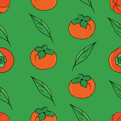 Persimmon endless vector background. Thin line black kaki fruit icon. Ripe bright pattern for printing on textiles, paper, wallpaper, packaging.