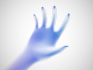 3D blue open palm offering something. Concept of charity, care and online support. Vector illustration of inviting gesture. Blue hand giving out something on white background.