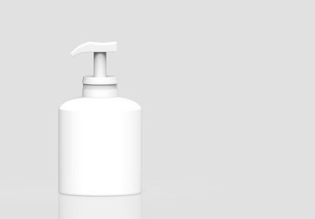 3d rendering. Empty no label white plastic liquid bottle on gray background.