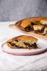 a piece of lush chocolate vanilla pie on a plate