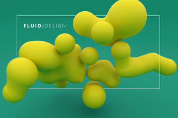 3d image of floating liquid yellow blobs, bubbles, metaballs with text of fluid deisgn in white frame in front of turquoise background