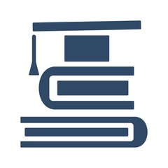 Graduation cap on books. Finishing curriculum, graduating university sign. Flat icon design.