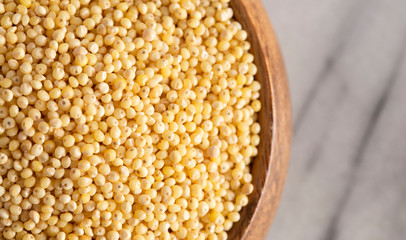 Bowl of Whole Millet in a Wood Bowl on a White Marble Counter