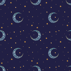 Naklejka premium Watercolor seamless pattern with crescent and gold stars on a purple background.