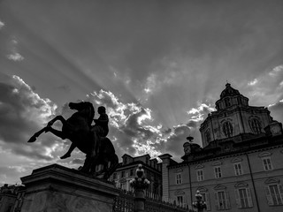 Italy / Turin - August 16, 2018: Black and White Photography of the gate of the Royal Palace