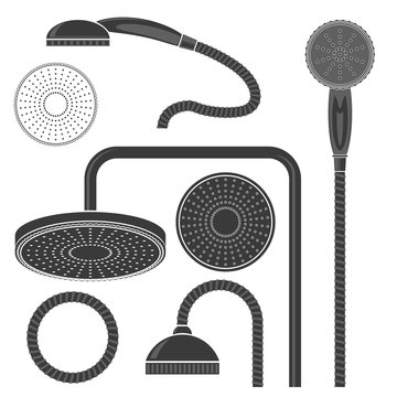 Set of Different Bath Shower Head Icon Isolated on White Background. Bathroom Collection. Flat Design.