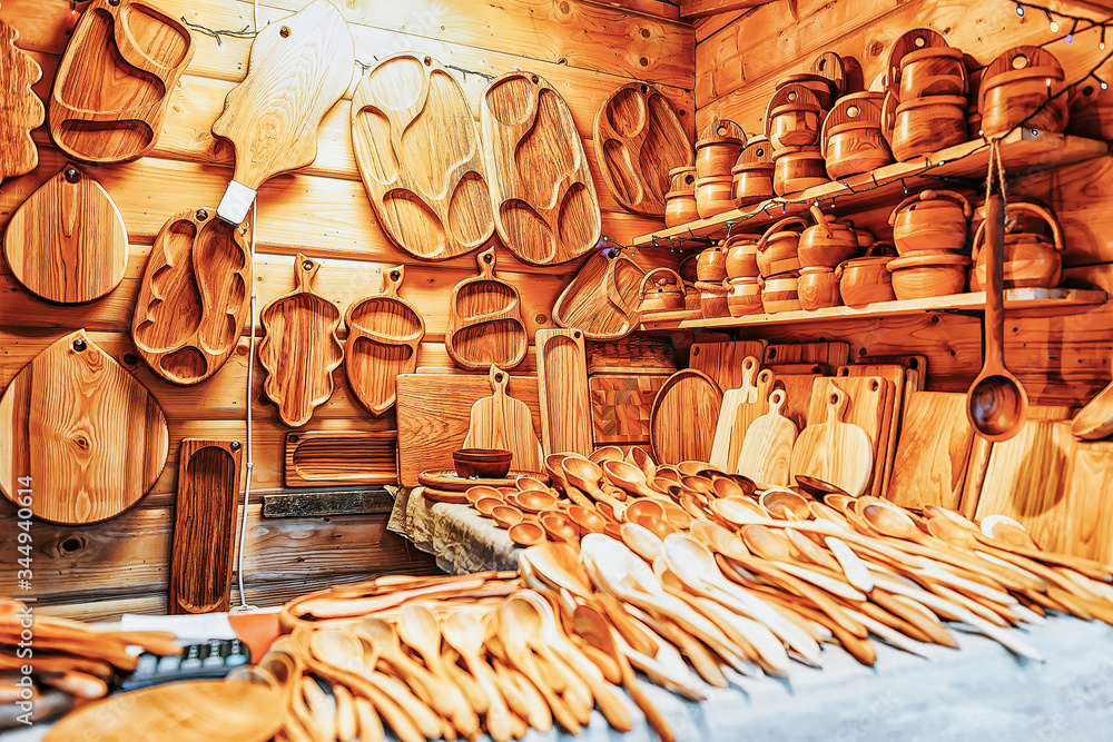 Poster wooden souvenirs at christmas market in riga