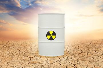 Radioactive waste in wasteland. Environment protection and toxic nuclear pollution concept