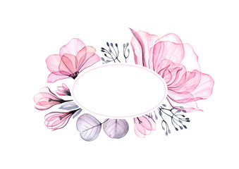 Watercolor floral banner. Oval frame with place for text. Big pink roses and leaves in circle. Abstract background for logo. Isolated hand drawn illustration for greeting cards, wedding invitation