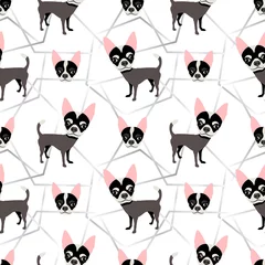Fotobehang Honden Stijlvol patroon met geometrische figuren en een hond. Naadloos vectorpatroon met chihuahua