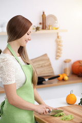 Beautiful woman dressed in apron is cooking meal in sunny kitchen