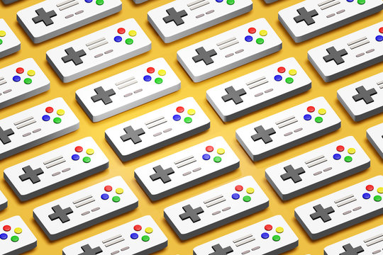 Simple organised retro console game controllers gamepads repetitive array pattern, group abstract background, isometric top view. Vintage gaming controls, emulation concept, illustration, 3d render
