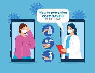 telemedicine technology with smartphones and women vector illustration design