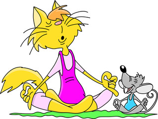 Cartoon cat and mouse sitting in a lotus position doing yoga together vector illustration