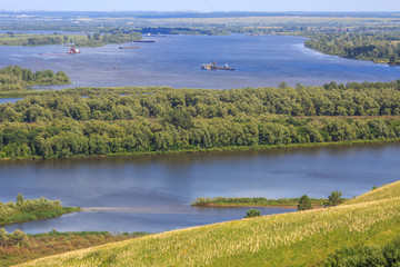 Sokolki village, Tatarstan, Russia - 07.20.2019, view of the Kama river and vessels on it