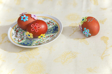 Obraz premium Easter eggs lie on a plate. The painted egg lies on the table.