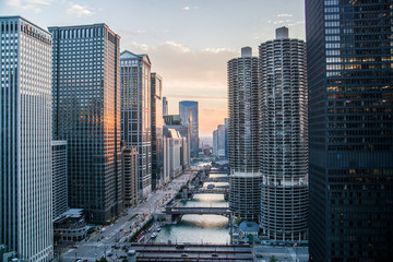 panoramic view of chicago and river from a rooftop