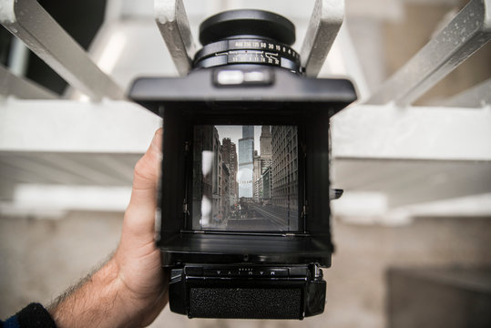 top down view of film camera in chicago