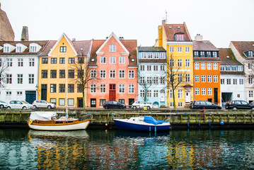 colorful townhomes of Copenhagen Denmark  along canal