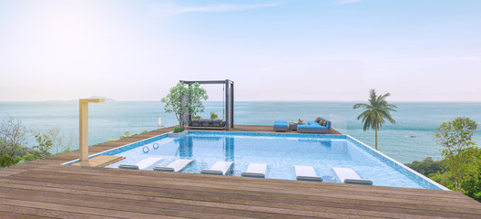 House Pool Villa Modern with swimming pool, White and blue tone furniture, Beach chairs with sea view -3D render