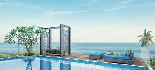 House Pool Villa Modern with swimming pool, White and blue tone furniture, Beach chairs with sea view -3D render