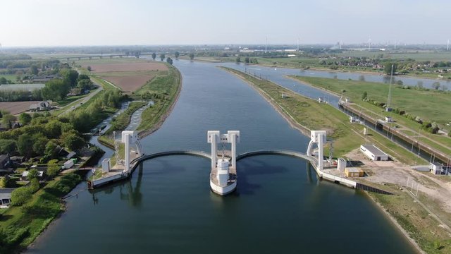4k aerial video of water sluice complex in the Lek river in the Netherlands
