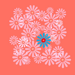 Nature digital graphic design of cheerful white daisy flowers on a coral orange background with a single aqua bloom standing out from the crowd. 