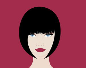 Women face with short black hairs, red lips and red background