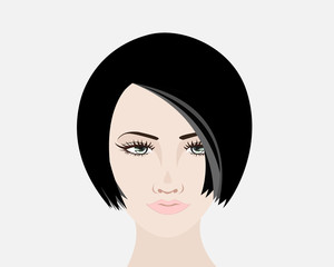 Women face with black short hairs, soft pink lips and white background